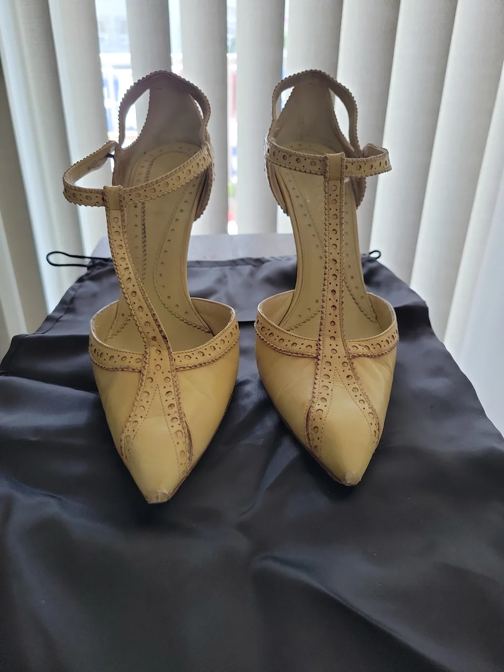 YSL T-Strap Pointed Toe Heels in Light Yellow